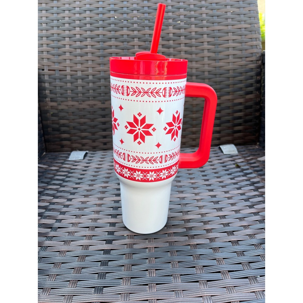 Sleigh Bell Bistro Red White Holiday 40oz Tumbler w/ Straw Christmas‎ Decor
